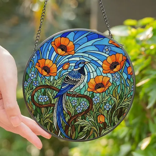 Nature Lovers' Intricate Stained Glass Blue Bird Orange Poppy Wildflower Mosaic Stained Glass Suncatcher