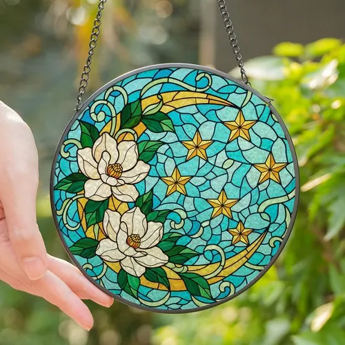 Women's Golden Aqua Emerald Intricate Stained Glass Crescent Moon Magnolia Celestial Mosaic Stained Glass Suncatcher