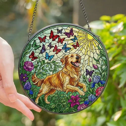 Golden Retriever Lovers' Vivid Tiffany Stained Glass Floral Mosaic Yellow Sunburst Art Stained Glass Suncatcher
