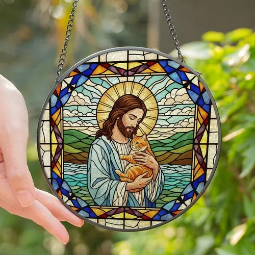 Devotional Art Admirers' Tiffany Style Stained Glass Jesus Embracing Orange Tabby Cat Golden Halo Intricate Mosaic Landscape Stained Glass Suncatcher