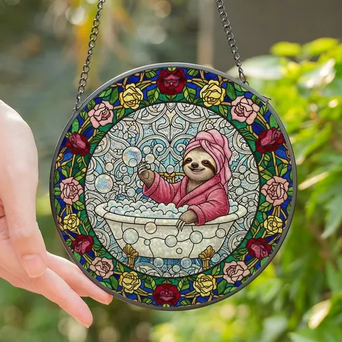Sloth Lovers' Whimsical Stained Glass Sloth Bathtub Art, Pink Robe, Iridescent Bubbles & Floral Frame Stained Glass Suncatcher