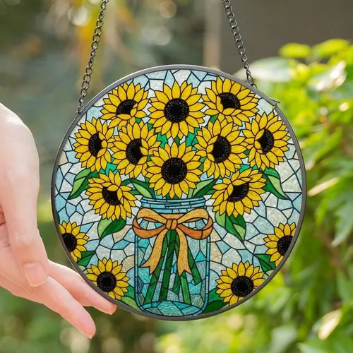 Floral Art Enthusiasts' Vibrant Stained Glass Sunflowers Mason Jar Jewel Tones Pattern Stained Glass Suncatcher