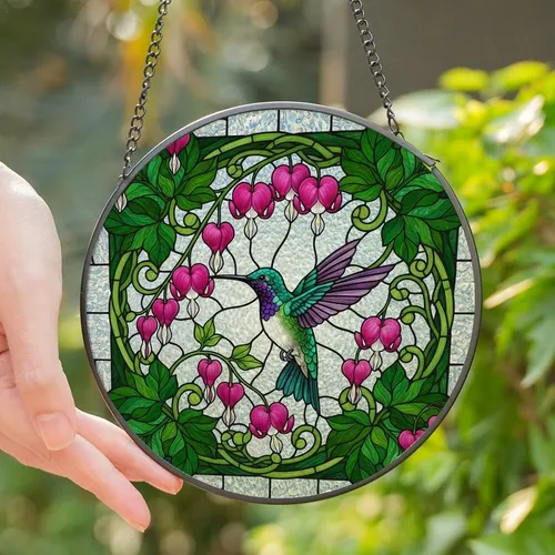 Nature Lovers' Vibrant Tiffany Stained Glass Hummingbird Teal Purple Fuchsia Bleeding Hearts Floral Mosaic Stained Glass Suncatcher