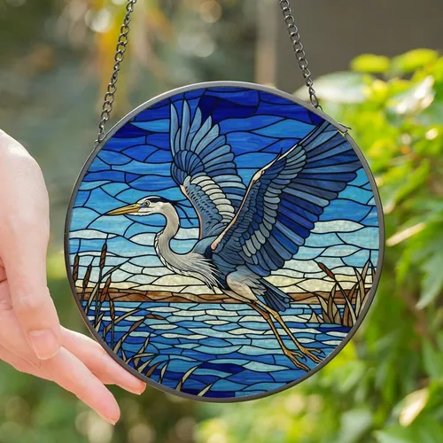 Nature Lovers' Dynamic Tiffany Style Stained Glass Great Blue Heron Flight Jewel Blues Yellows Stained Glass Suncatcher