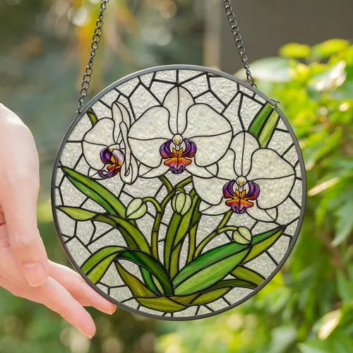 Floral Art Lovers' Glowing Tiffany Style Orchid Bloom Jewel Tone Mosaic Pattern Stained Glass Suncatcher