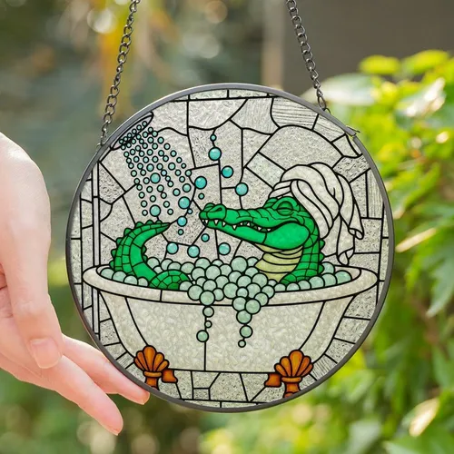 Whimsical Art Lovers' Tiffany Stained Glass Emerald Alligator Bathtub Aqua Burnt Orange Stained Glass Suncatcher