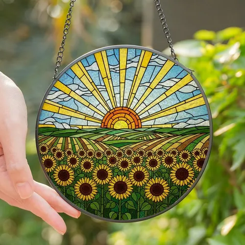 Nature Lovers' Stained Glass Tiffany Sunflowers Radiant Sun Landscape Mosaic Jewel Tones Stained Glass Suncatcher