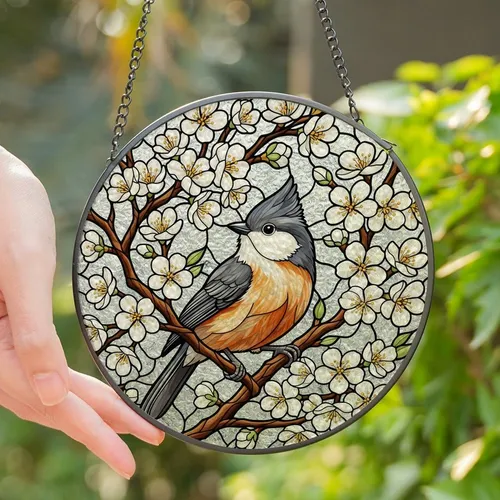 Nature Lovers' Intricate Stained Glass Tufted Titmouse Blossom Tiffany Mosaic Stained Glass Suncatcher