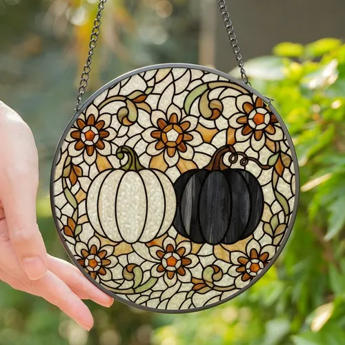 Art Nouveau Style Fans' Tiffany Stained Glass White Black Pumpkin Floral Amber Bronze Cream Mosaic Pattern Stained Glass Suncatcher