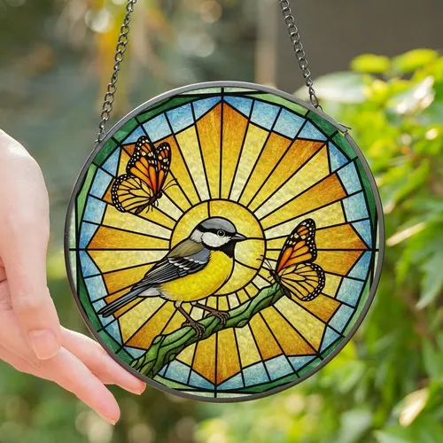 Nature Lovers' Tiffany Style Golden Sun Stained Glass Yellow Songbird Monarch Mosaic Stained Glass Suncatcher