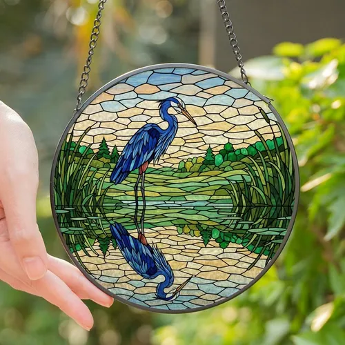 Nature Lovers' Stained Glass Blue Heron Reflection Emerald Green Marsh Jewel Tone Landscape Stained Glass Suncatcher