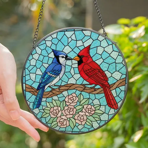 Nature Lovers' Intricate Tiffany Stained Glass Blue Jay Cardinal Mosaic Jewel Tones Stained Glass Suncatcher