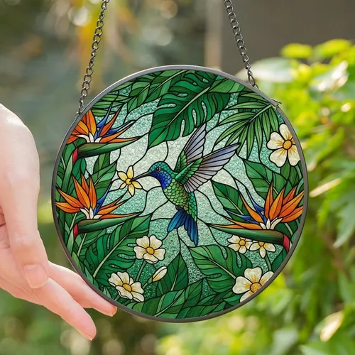 Nature Lovers' Tiffany Style Stained Glass Hummingbird Emerald Blue Orange Mosaic Stained Glass Suncatcher