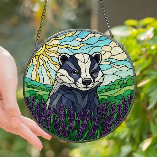 Nature Lover's Vibrant Tiffany Stained Glass Badger Lavender Field & Blue Sky Art Stained Glass Suncatcher