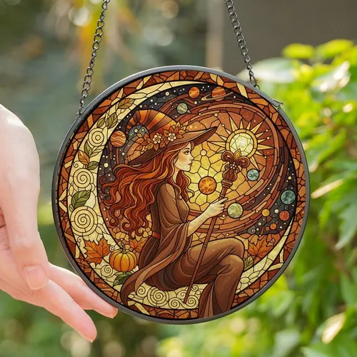 Fantasy Art Lovers' Stained Glass Witch Crescent Moon Celestial Autumn Jewel Tones Stained Glass Suncatcher