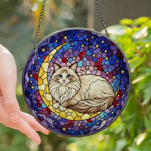 Cat Lovers' Intricate Tiffany Stained Glass Ragdoll Cat Crescent Moon Cosmic Jewel Tones Stained Glass Suncatcher
