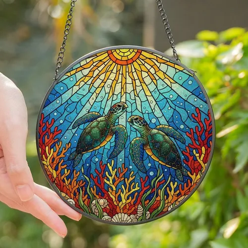 Ocean Enthusiasts' Tiffany Stained Glass Sea Turtle Coral Ocean Mosaic Jewel Tones Art Stained Glass Suncatcher