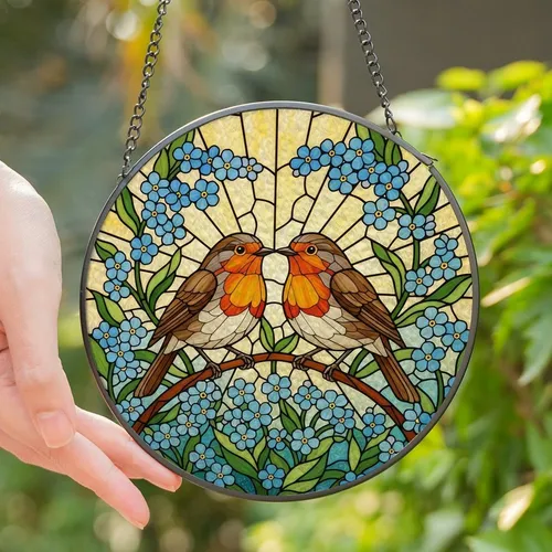 Romantic Nature Lovers' Vibrant Orange Robin Blue Forget-Me-Not Stained Glass Floral Stained Glass Suncatcher