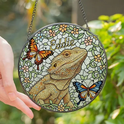 Bearded Dragon Lovers' Tiffany Stained Glass Eddie Floral Wreath Butterfly Mosaic Art Beige Green Blue Orange Pink Stained Glass Suncatcher