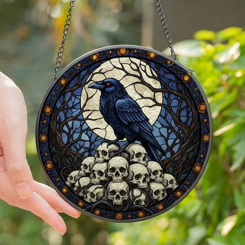 Gothic Art Lovers' Stained Glass Raven, Skulls, Moonlit Forest Mosaic, Deep Jewel Tones Stained Glass Suncatcher
