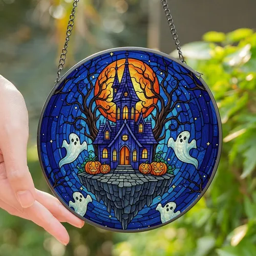 Halloween Lovers' Tiffany Stained Glass Gothic Haunted House, Cute Ghosts, Orange Moon, Jack-o'-Lanterns, Intricate Jewel Tone Sky Stained Glass Suncatcher