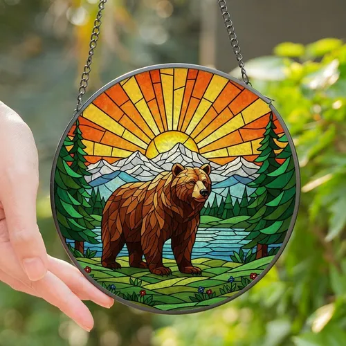 Nature Lovers' Majestic Grizzly Bear Tiffany Stained Glass Forest Mountain Sunset Mosaic Stained Glass Suncatcher