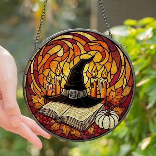 Witchy Aesthetic Fans' Glowing Jewel Tone Stained Glass Witch Hat Spellbook Autumn Foliage Mosaic Stained Glass Suncatcher