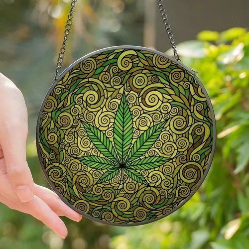 Botanical Art Lovers' Stained Glass Emerald Forest Golden Seven-Pointed Leaf Intricate Swirls Mosaic Stained Glass Suncatcher