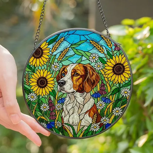 Brittany Spaniel Lovers' Tiffany Stained Glass Dog Art: Sunflowers, Jewel Tones, Green Foliage Stained Glass Suncatcher