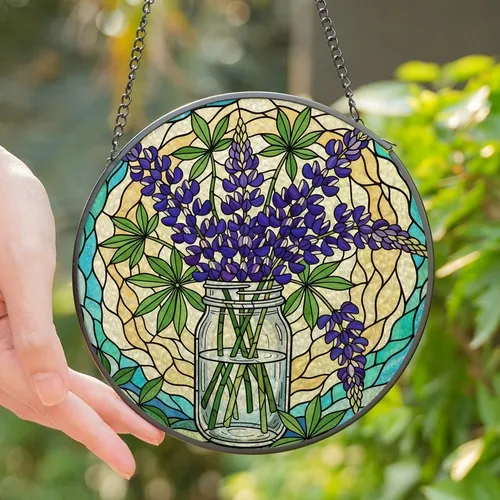 Nature Lovers' Intricate Tiffany Style Stained Glass Lupine Blooms Mason Jar Mosaic Jewel Tone Art Stained Glass Suncatcher