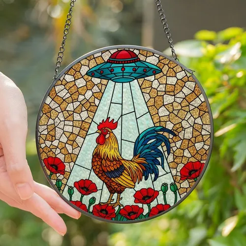 Eclectic Art Lovers' Vibrant Tiffany Style Rooster UFO & Red Poppy Stained Glass Mosaic Stained Glass Suncatcher