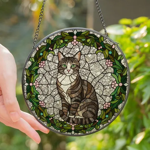 Cat Lovers' Intricate Tiffany Stained Glass Tabby Cat Mosaic Green Wreath Pink Berries Stained Glass Suncatcher