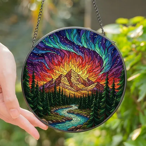 Nature Lovers' Jewel Tone Stained Glass Mountain Aurora Twilight Mosaic Stained Glass Suncatcher