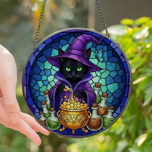 Mystical Cat Lovers' Intricate Tiffany Style Stained Glass Black Cat Witch Potion Brewing Mosaic Jewel Tones Stained Glass Suncatcher