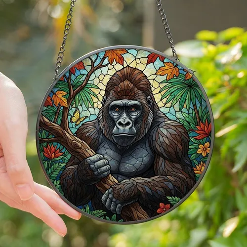 Nature Lovers' Majestic Gorilla Tiffany Style Jungle Mosaic Emerald Green Orange Art Stained Glass Suncatcher