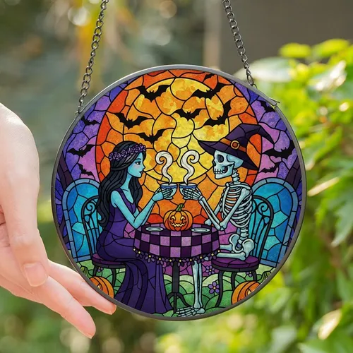 Spooky Aesthetic Fans' Tiffany Style Gothic Tea Party Mosaic with Blue Skeleton, Witch Hat, Glowing Jack-O'-Lanterns Stained Glass Suncatcher