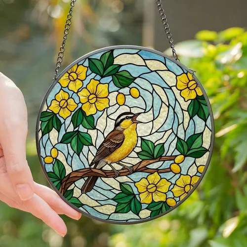 Nature Lovers' Tiffany Style Stained Glass Songbird Golden Yellow Breast Emerald Green Leaves Intricate Blue Mosaic Stained Glass Suncatcher