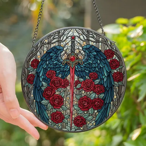 Fantasy Lovers' Ornate Stained Glass Crimson Sword, Majestic Dark Blue Wings, Red Roses Winter Mosaic Stained Glass Suncatcher