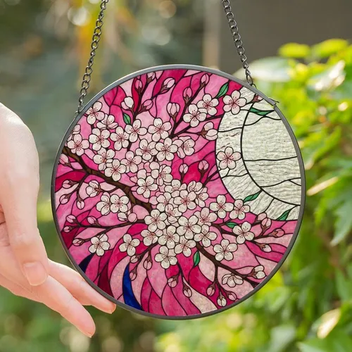 Art Lovers' Tiffany Stained Glass Pink Magenta Sakura Blossom & Crescent Moon Mosaic Stained Glass Suncatcher