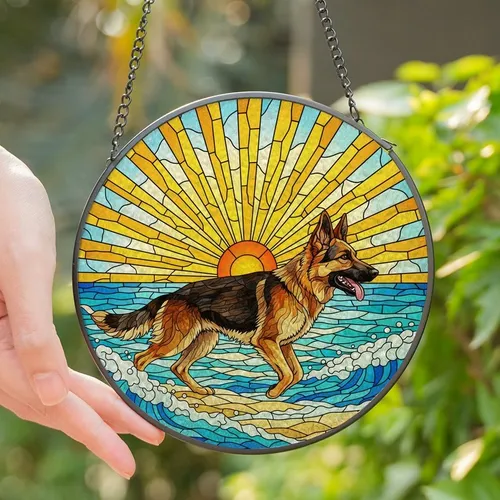 German Shepherd Lovers' Dynamic Tiffany Stained Glass Ocean Beach Sunrise Art Stained Glass Suncatcher