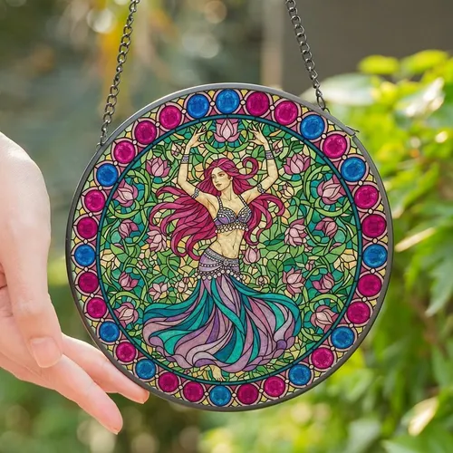 Art Lovers' Stained Glass Belly Dancer Jeweled Lotus Mandala Magenta Purple Teal Stained Glass Suncatcher