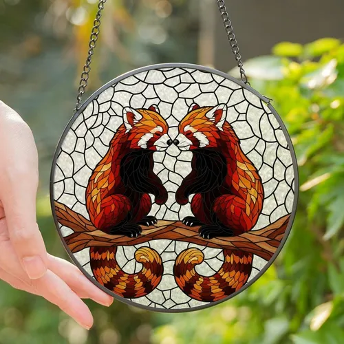 Red Panda Lovers' Fiery Orange Nuzzle Jewel Tone Tiffany Stained Glass Mosaic Stained Glass Suncatcher