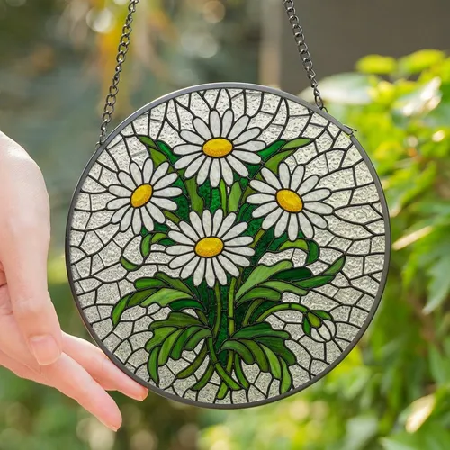 Nature Lovers' Vibrant Stained Glass Daisy Cluster Emerald Green Tiffany Floral Stained Glass Suncatcher
