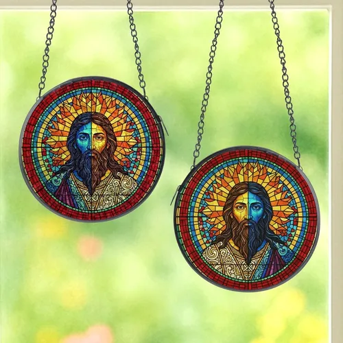 Art Lovers' Serene Bearded Portrait Mosaic Jewel Tone Stained Glass Geometric Pattern Stained Glass Suncatcher