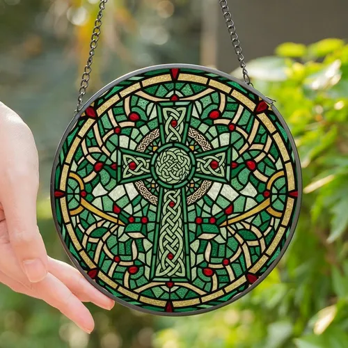 Celtic Heritage Enthusiasts' Intricate Stained Glass Celtic Cross Emerald Amber Ruby Knotwork Mosaic Stained Glass Suncatcher