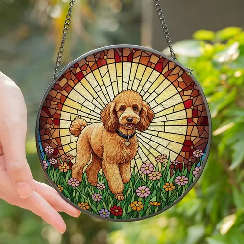 Poodle Parents' Stained Glass Apricot Poodle Wildflower Meadow Tiffany Style Jewel Tones Sunburst Mosaic Stained Glass Suncatcher