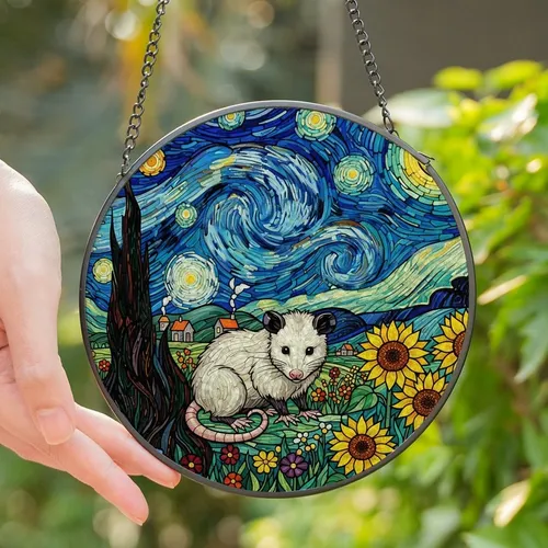 Nature Art Lovers' Tiffany Stained Glass Opossum Sunflower Starry Night Jewel Tone Mosaic Pattern Stained Glass Suncatcher
