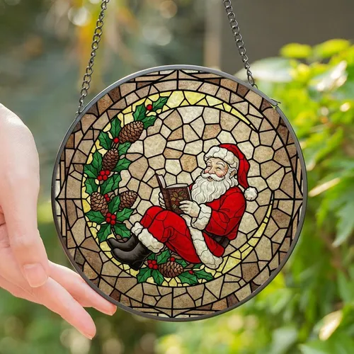 Christmas Lovers' Glowing Tiffany Stained Glass Santa Reading Crescent Moon Red Green Holly Mosaic Pattern Stained Glass Suncatcher