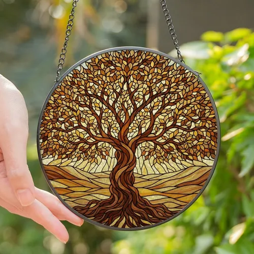 Nature Lovers' Intricate Golden Amber Stained Glass Tree of Life Mosaic Art Stained Glass Suncatcher