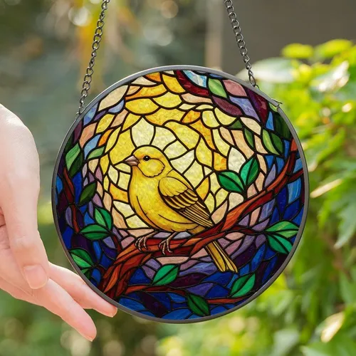 Nature Lovers' Tiffany Style Stained Glass Jewel Tone Yellow Canary Bird Emerald Green Red Branch Mosaic Stained Glass Suncatcher